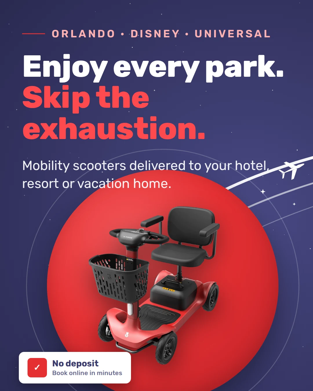 Mobility scooter rental in Orlando delivered to your hotel, no deposit